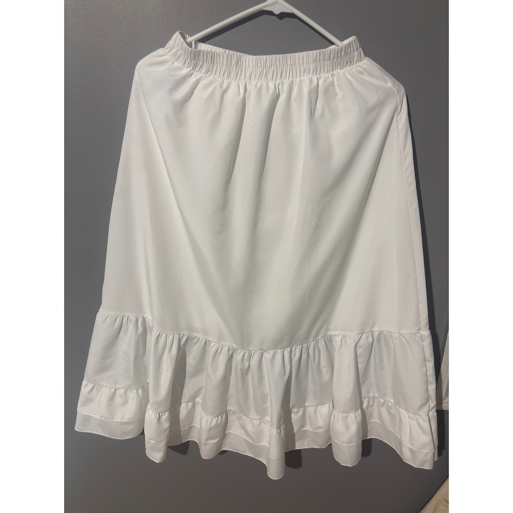 White Ruffle Tiered Midi Skirt Elastic Waist Women Medium